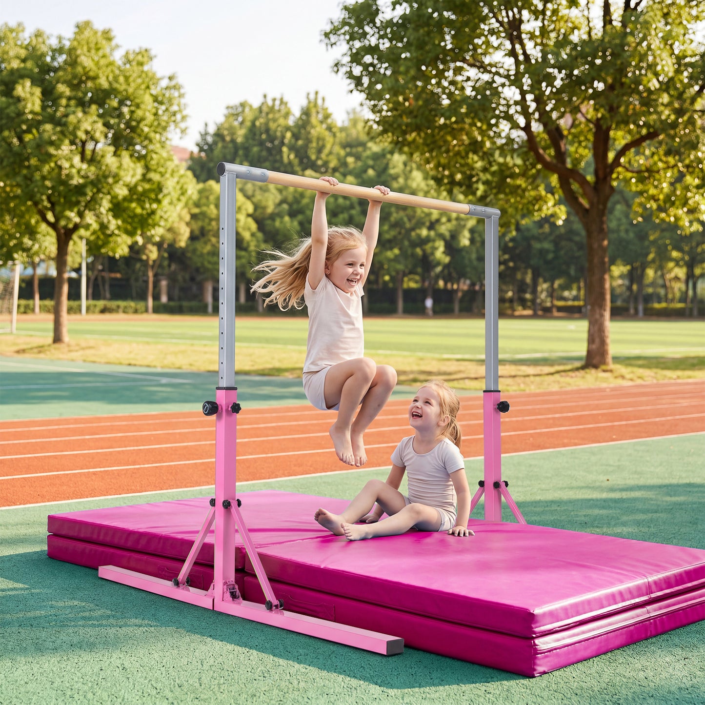 13-Level Adjustable Heights Foldable Gymnastics Bar for Kids-Pink
