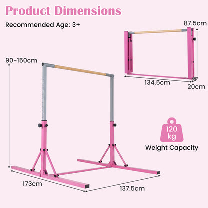 13-Level Adjustable Heights Foldable Gymnastics Bar for Kids-Pink