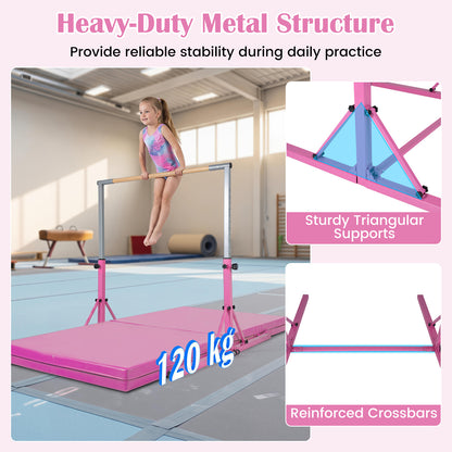 13-Level Adjustable Heights Foldable Gymnastics Bar for Kids-Pink