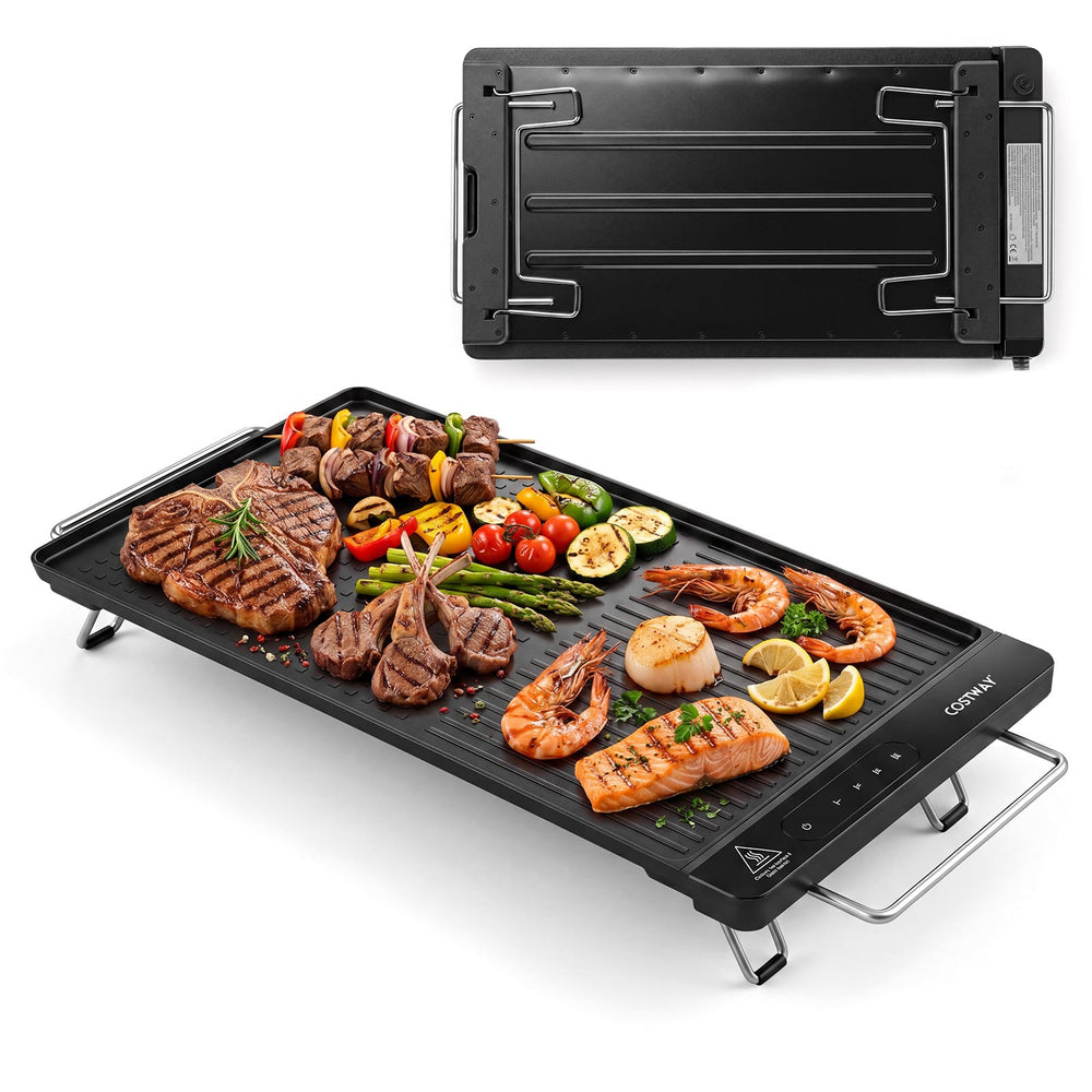 1300W BBQ Electric Teppanyaki Grill with Removable Touch Panel and 2 Nonstick Cooking Zones-Black