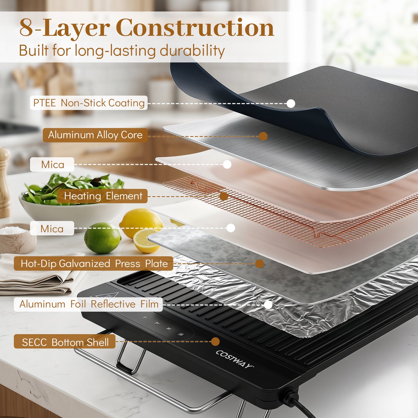 1300W BBQ Electric Teppanyaki Grill with Removable Touch Panel and 2 Nonstick Cooking Zones-Black