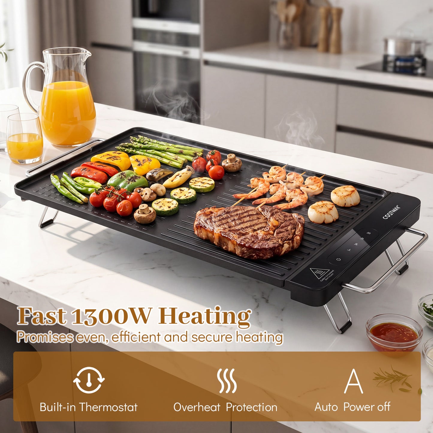 1300W BBQ Electric Teppanyaki Grill with Removable Touch Panel and 2 Nonstick Cooking Zones-Black