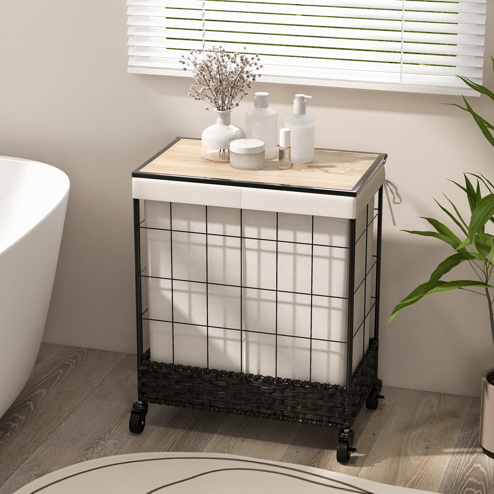 130L Handwoven Rattan Laundry Hamper with Lid and Lockable Wheels-Black