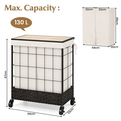 130L Handwoven Rattan Laundry Hamper with Lid and Lockable Wheels-Black
