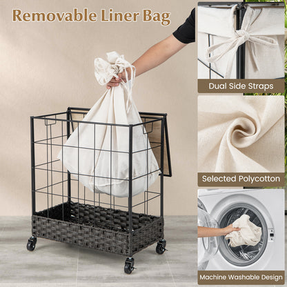 130L Handwoven Rattan Laundry Hamper with Lid and Lockable Wheels-Black