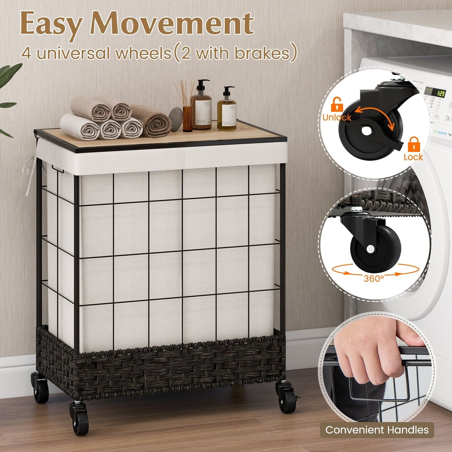 130L Handwoven Rattan Laundry Hamper with Lid and Lockable Wheels-Black