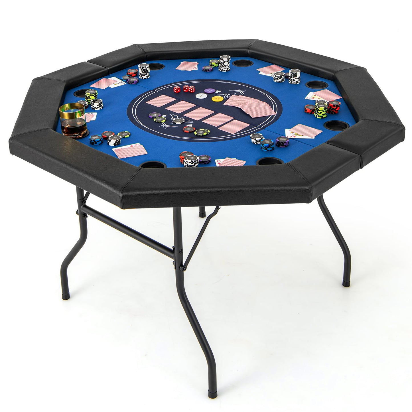 130 cm Foldable Poker Table with Padded Rails and Folding Legs for 8 Players-Blue