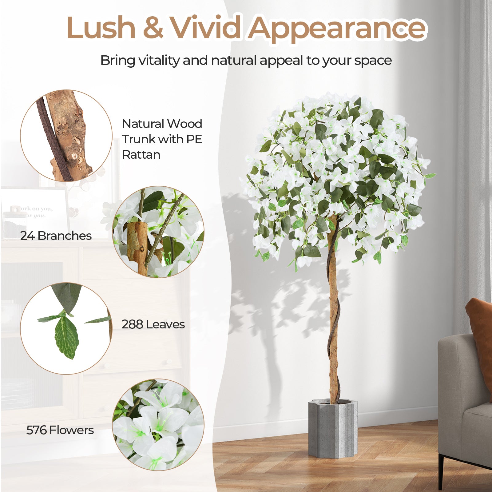 130cm Artificial Azalea Tree with 576 Flowers and 288 Leaves 2 Pack-White