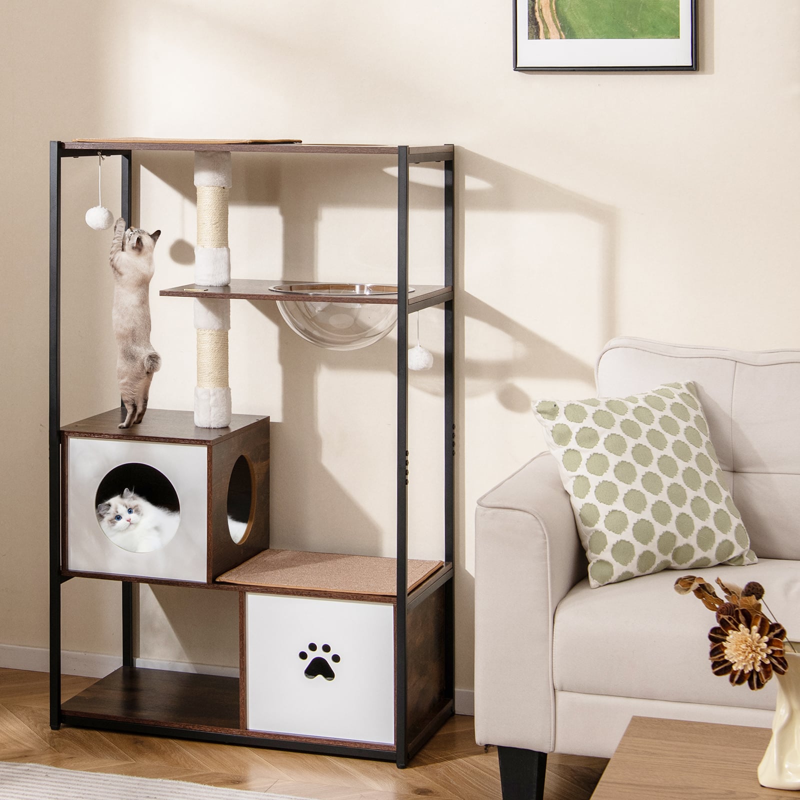 131CM Tall Wooden Cat Tree with Metal Frame Sisal Scratching Posts-Natural