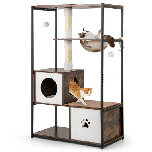 131CM Tall Wooden Cat Tree with Metal Frame Sisal Scratching Posts-Natural
