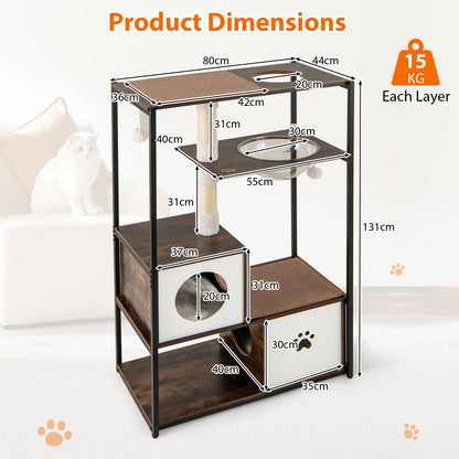 131CM Tall Wooden Cat Tree with Metal Frame Sisal Scratching Posts-Natural