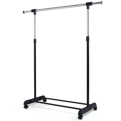 Adjustable Single Rail Garment Rack with Wheels and Bottom Shelf