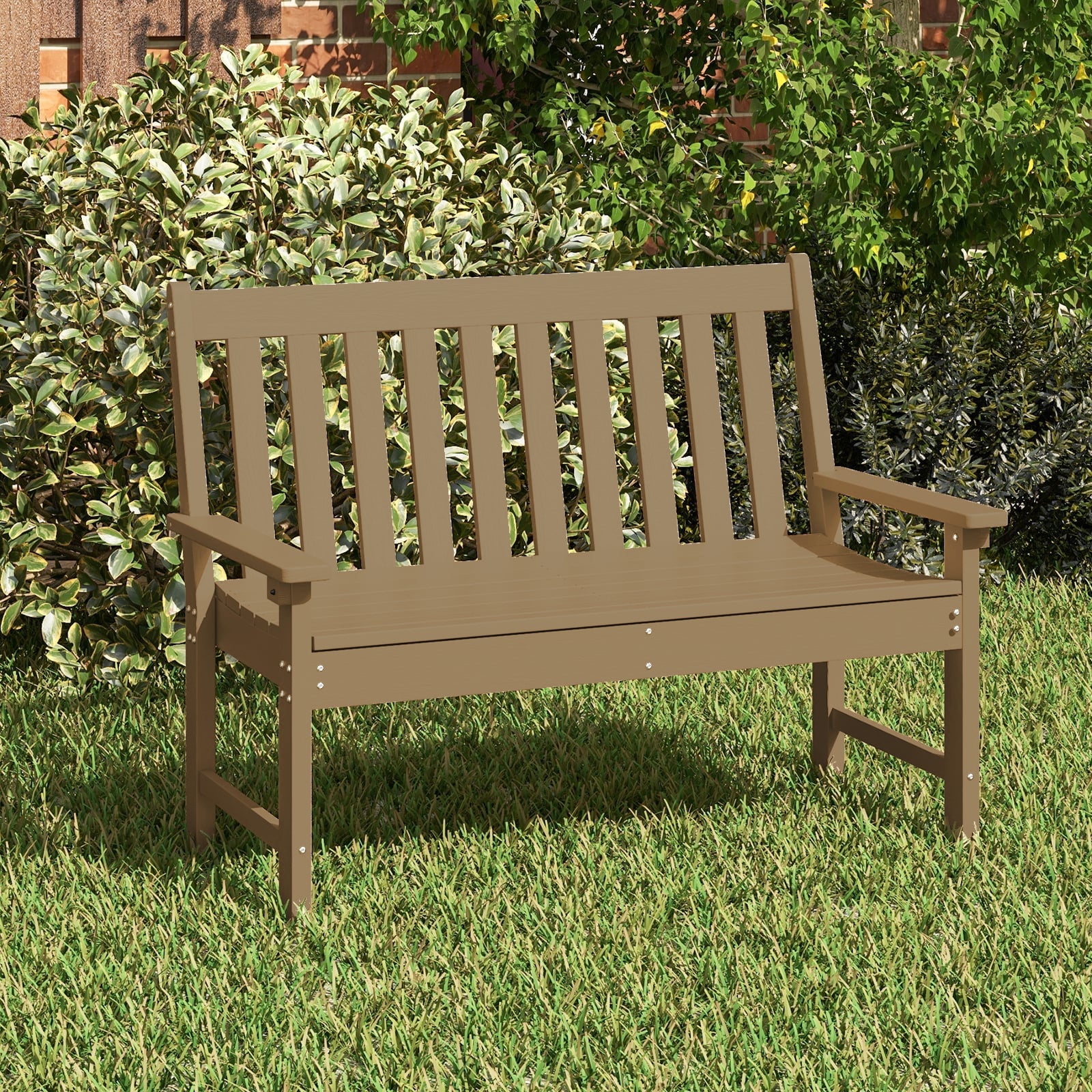 132 CM All-Weather HDPE Garden Bench with Backrest and Armrests-Brown