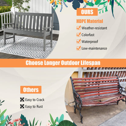 132 CM All-Weather HDPE Garden Bench with Backrest and Armrests-Grey