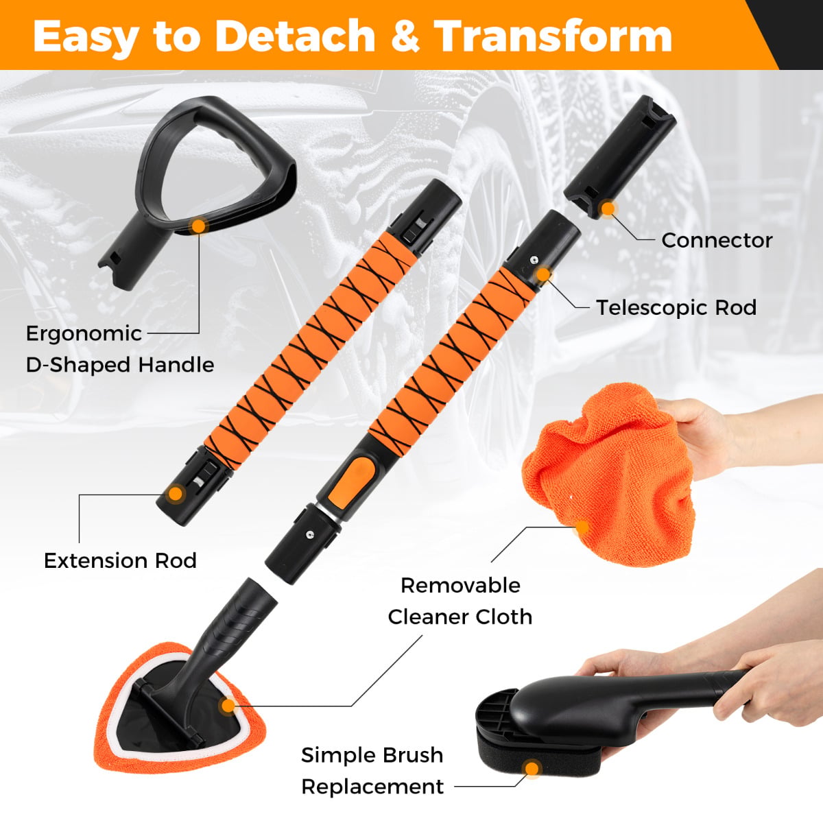 132 cm Car Wash Brush with Extendable Handle Vehicle Cleaning Set-Orange