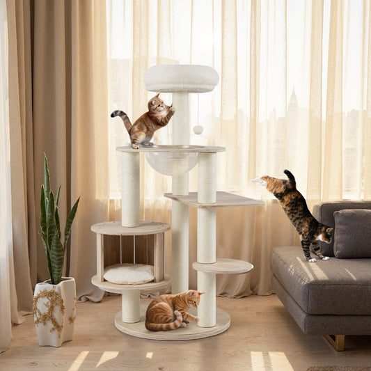 132cm Tall Wooden Cat Tree Solid Plywood Kitten Tower with Space Capsule
