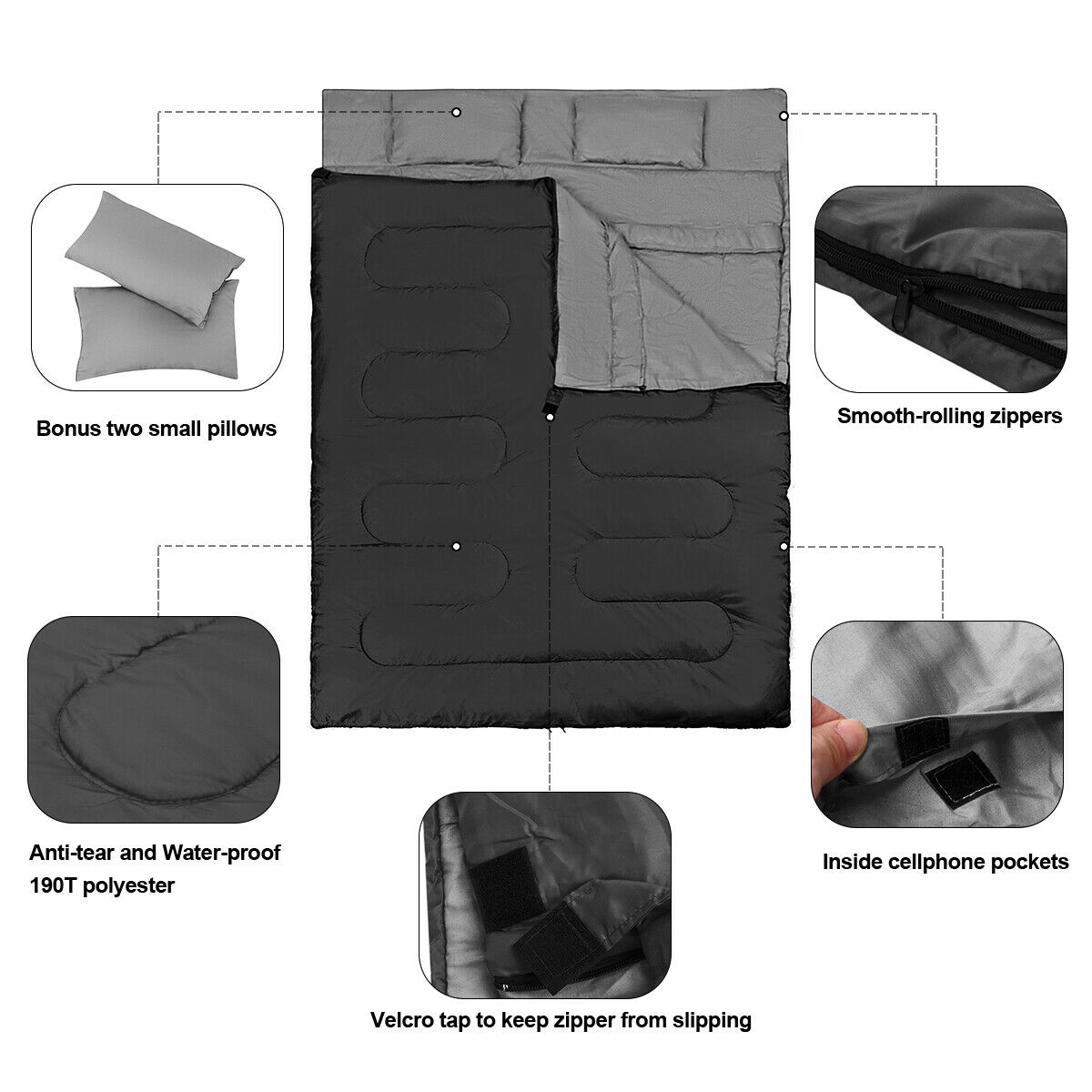 Double Sleeping Bag Extra Large Waterproof with Carrying Bag-Black