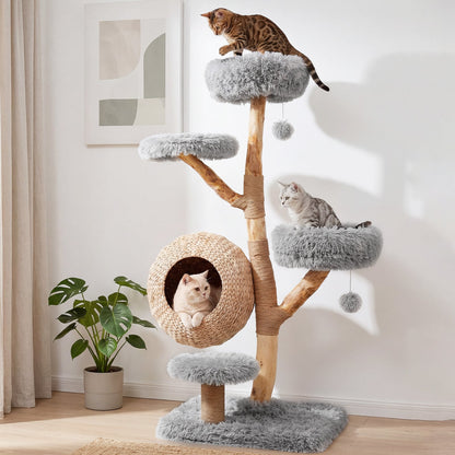 134CM 5-Tier Cat Tree with Woven Cat Condo and Hanging Balls-Grey