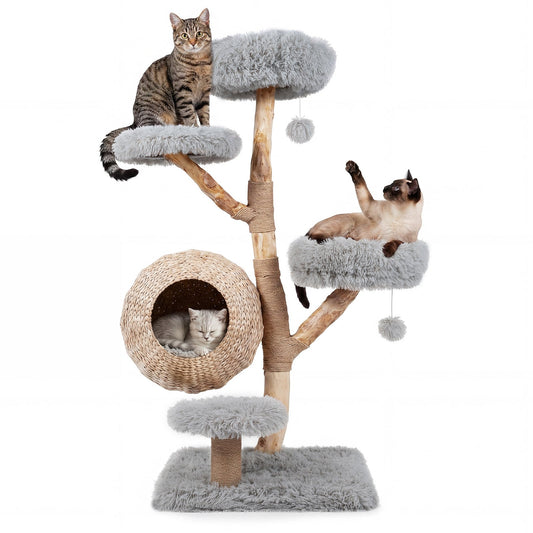 134CM 5-Tier Cat Tree with Woven Cat Condo and Hanging Balls-Grey
