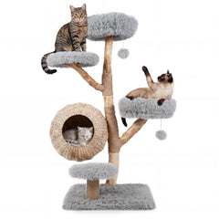 134CM 5-Tier Cat Tree with Woven Cat Condo and Hanging Balls-Grey