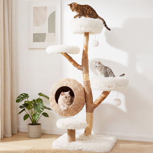 134CM 5-Tier Cat Tree with Woven Cat Condo and Hanging Balls-White
