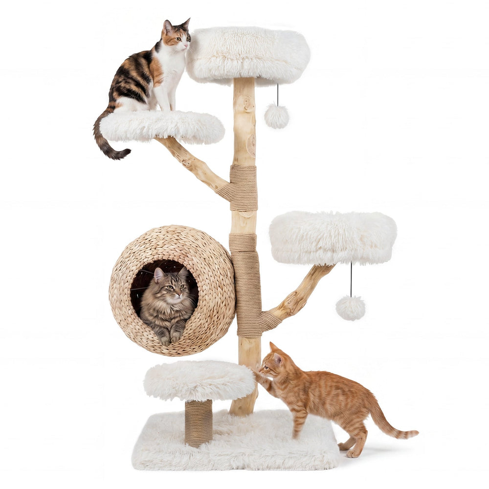 134CM 5-Tier Cat Tree with Woven Cat Condo and Hanging Balls-White