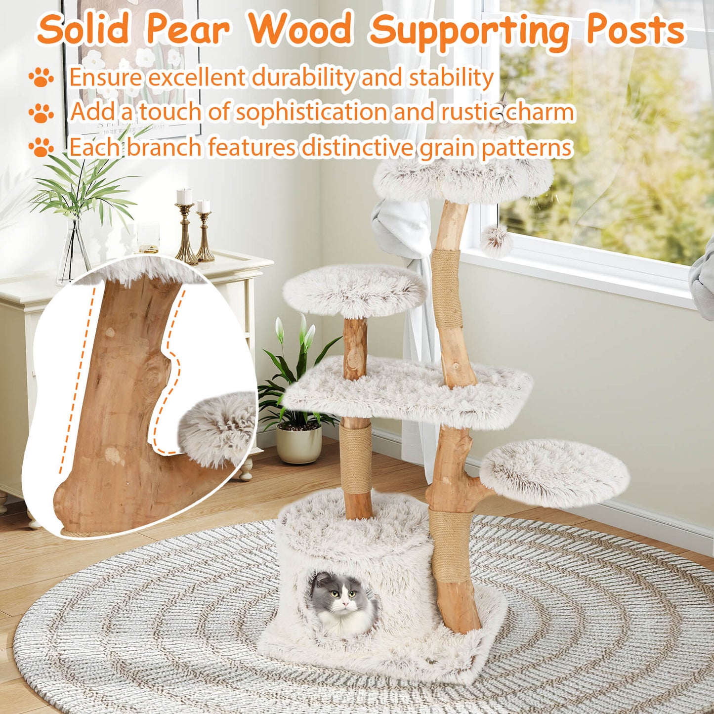 135cm Cat Tree Tower with Wood Branches and Plush Condo-White