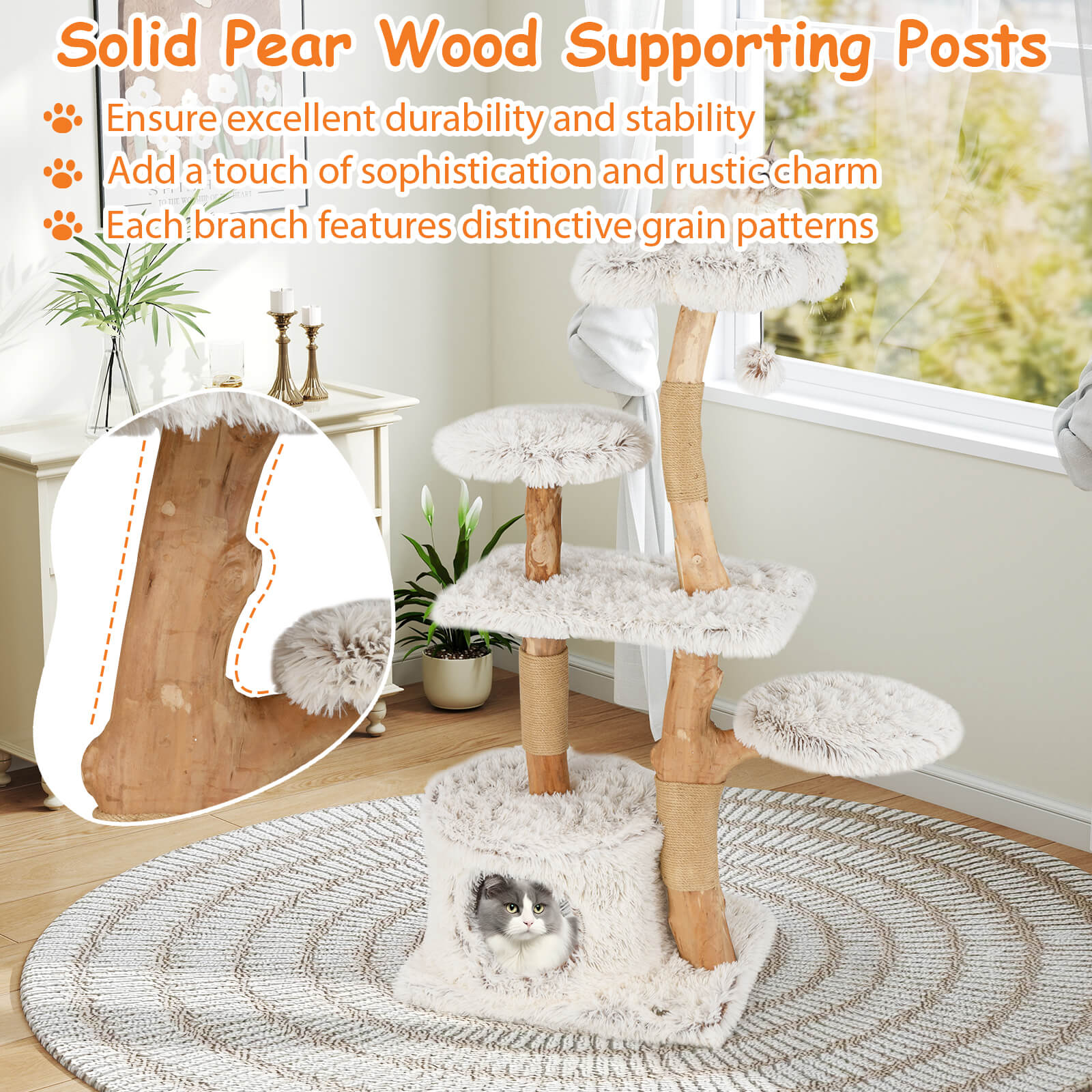 135cm Cat Tree Tower with Wood Branches and Plush Condo-White