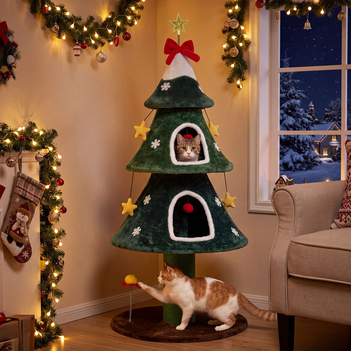 137.5 cm Christmas Cat Tree with 2 Private Condos for Indoor Cats-Green