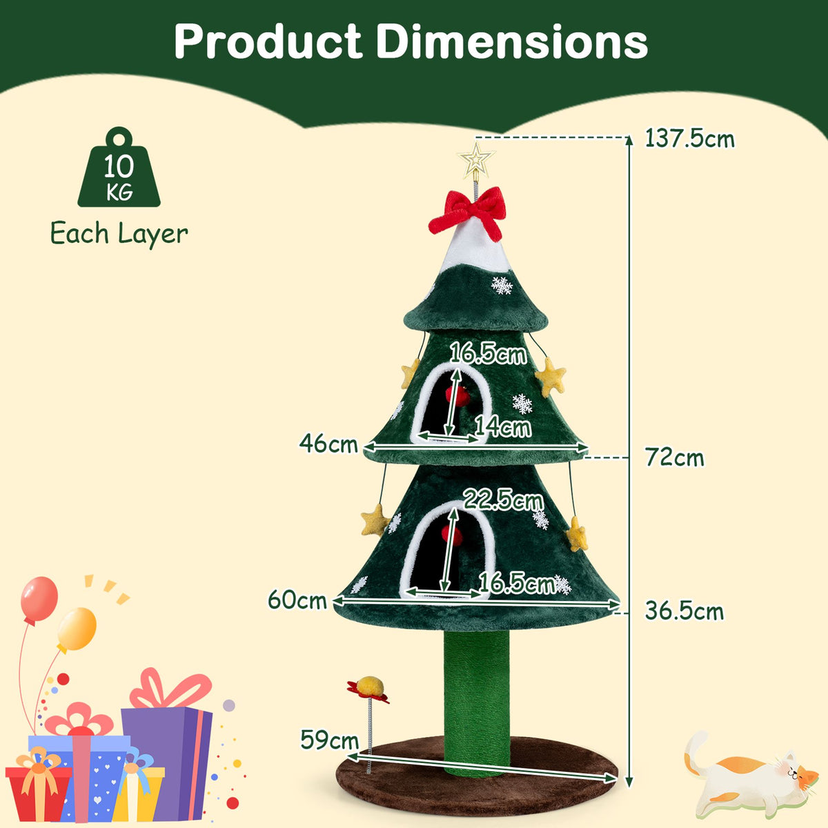137.5 cm Christmas Cat Tree with 2 Private Condos for Indoor Cats-Green