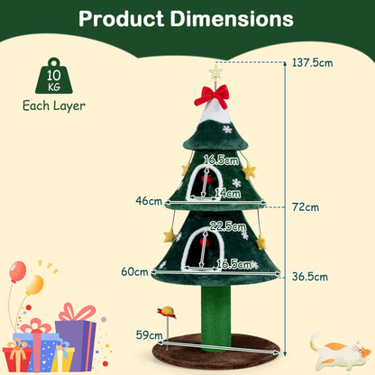 137.5 cm Christmas Cat Tree with 2 Private Condos for Indoor Cats-Green