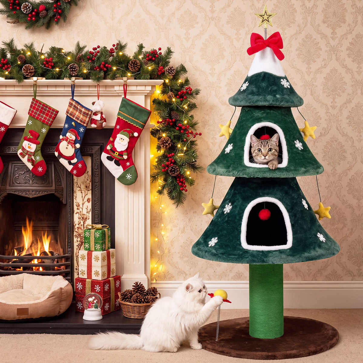 137.5 cm Christmas Cat Tree with 2 Private Condos for Indoor Cats-Green