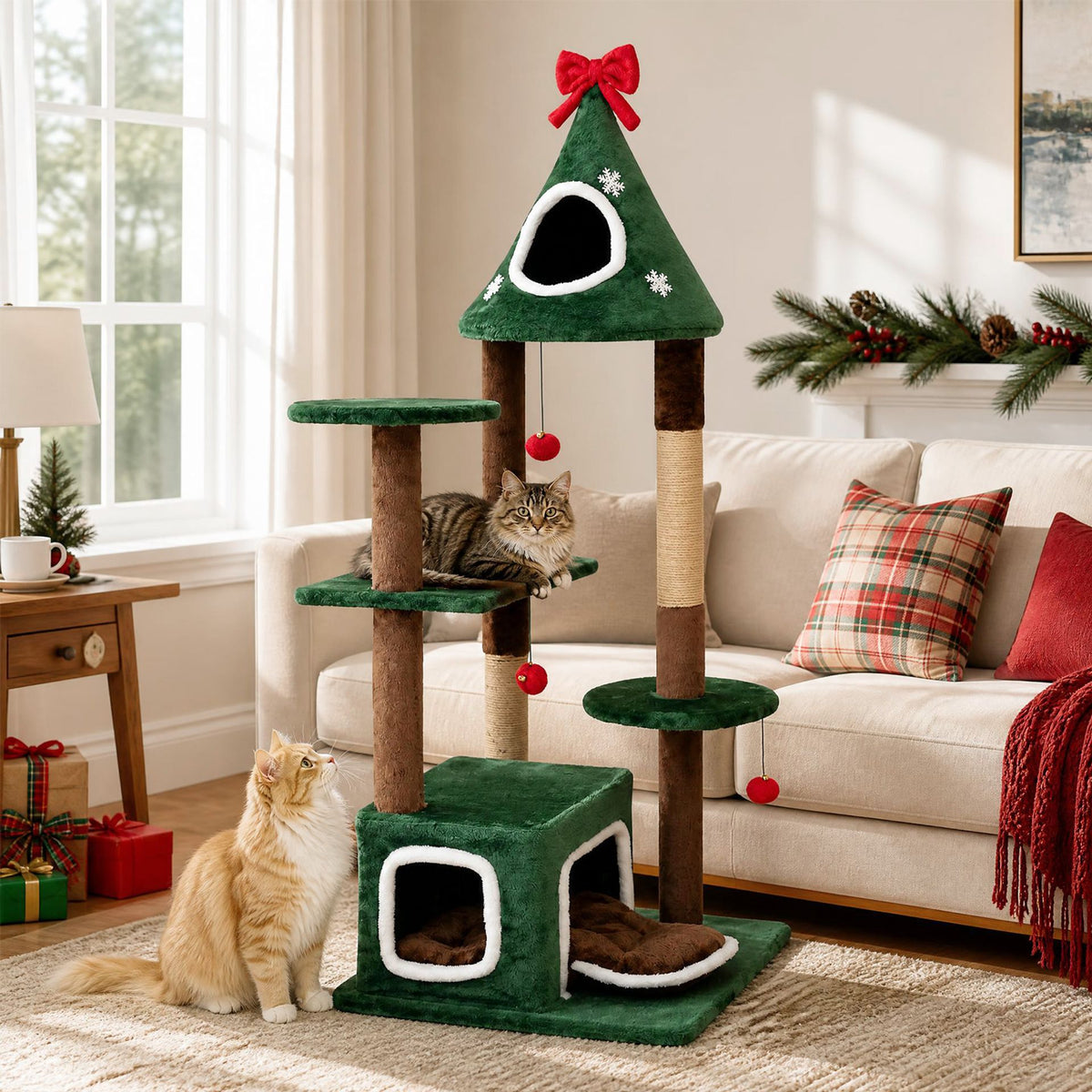 137 cm Christmas Cat Tree with 2 Condos & Removable Cushion-Green