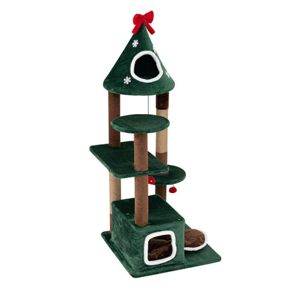 137 cm Christmas Cat Tree with 2 Condos & Removable Cushion-Green
