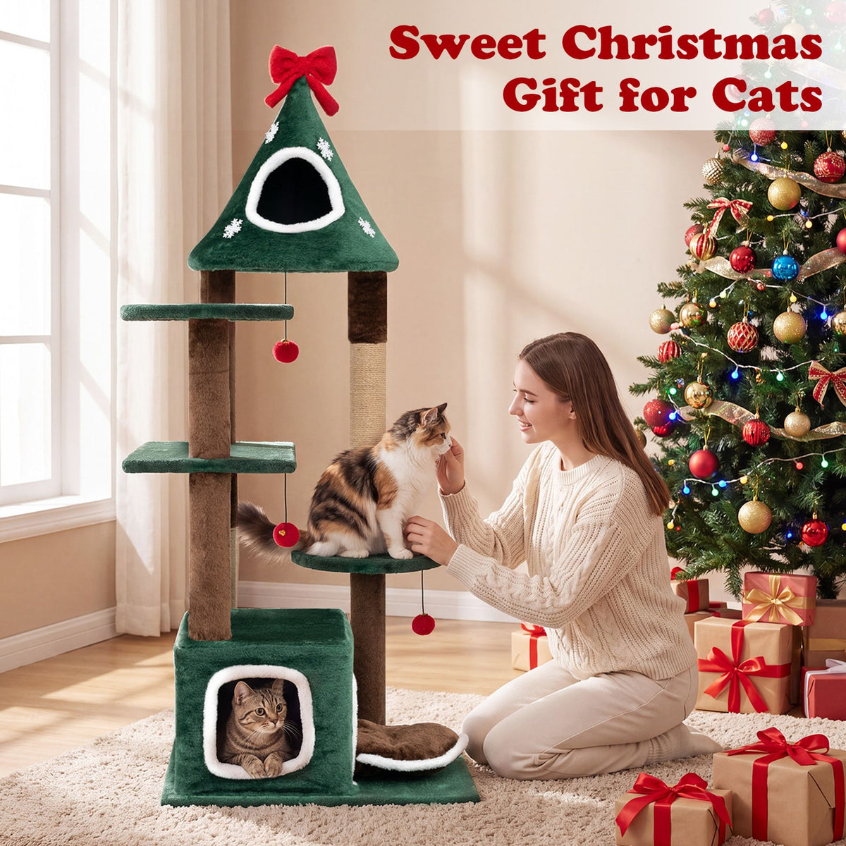 137 cm Christmas Cat Tree with 2 Condos & Removable Cushion-Green