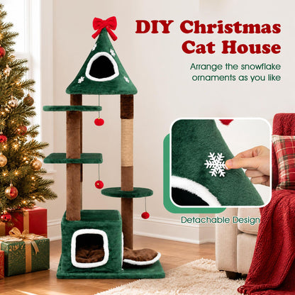 137 cm Christmas Cat Tree with 2 Condos & Removable Cushion-Green
