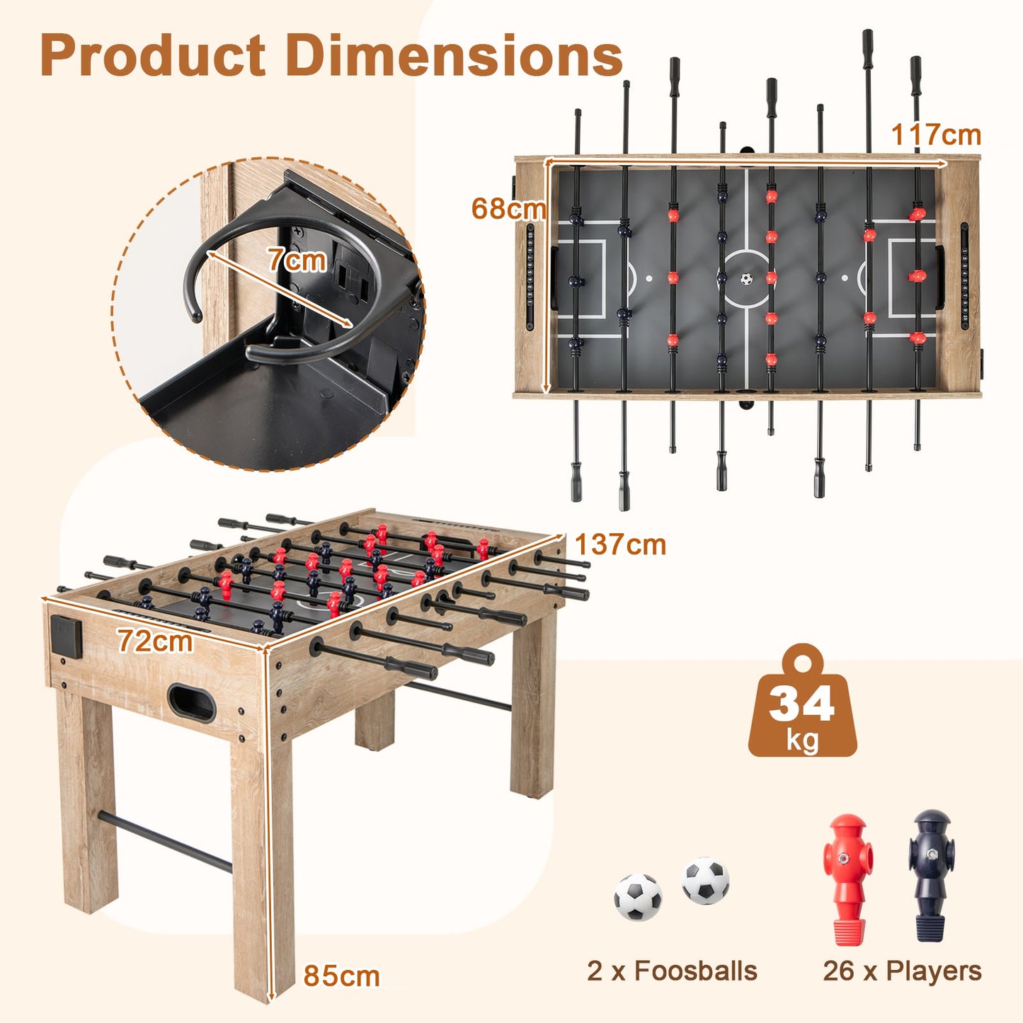 137 cm Full Size Foosball Table with 2 Balls and 2 Foldable Cup Holders-Natural
