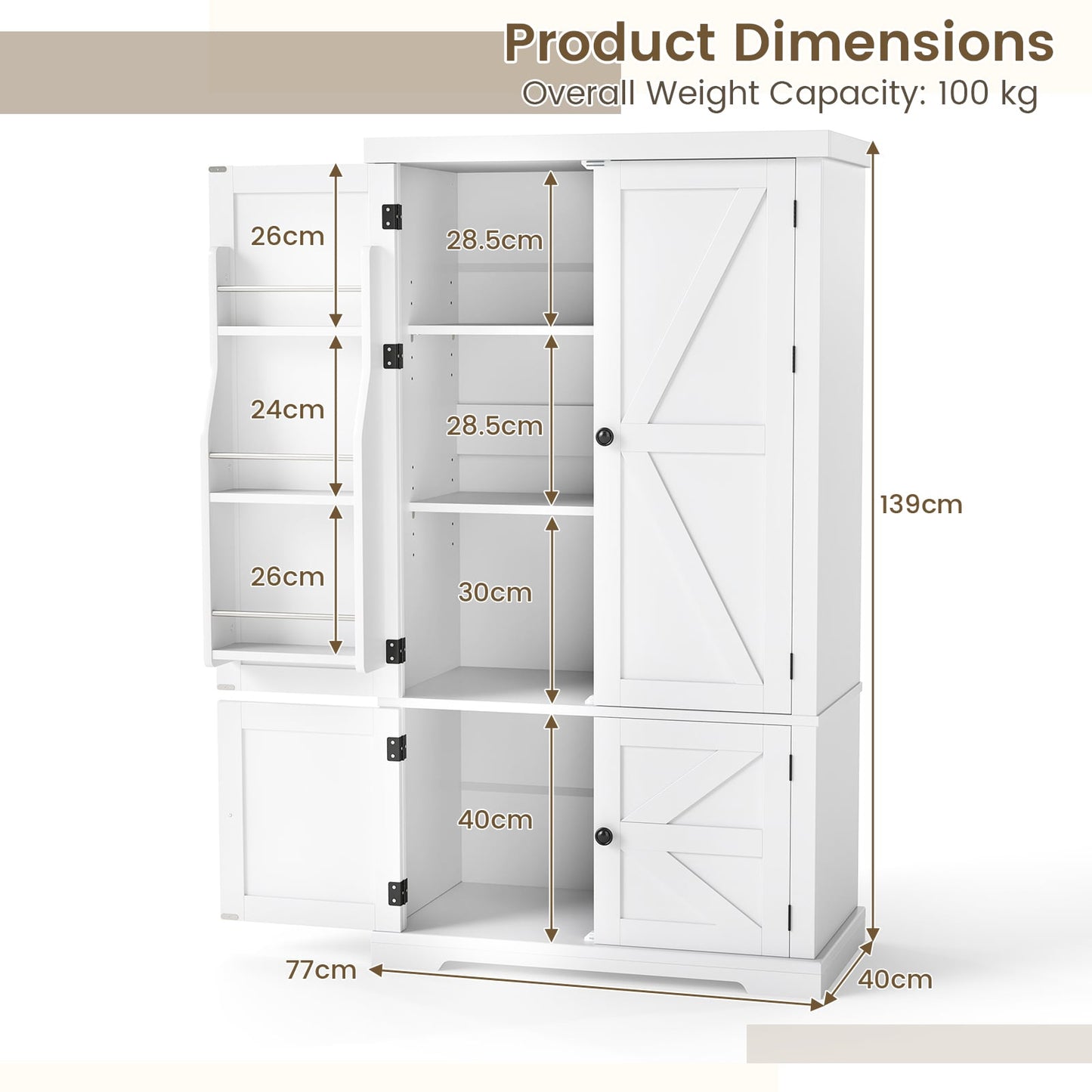 139 cm Pantry Cabinet with 4 Doors and 6 Door Shelves-White