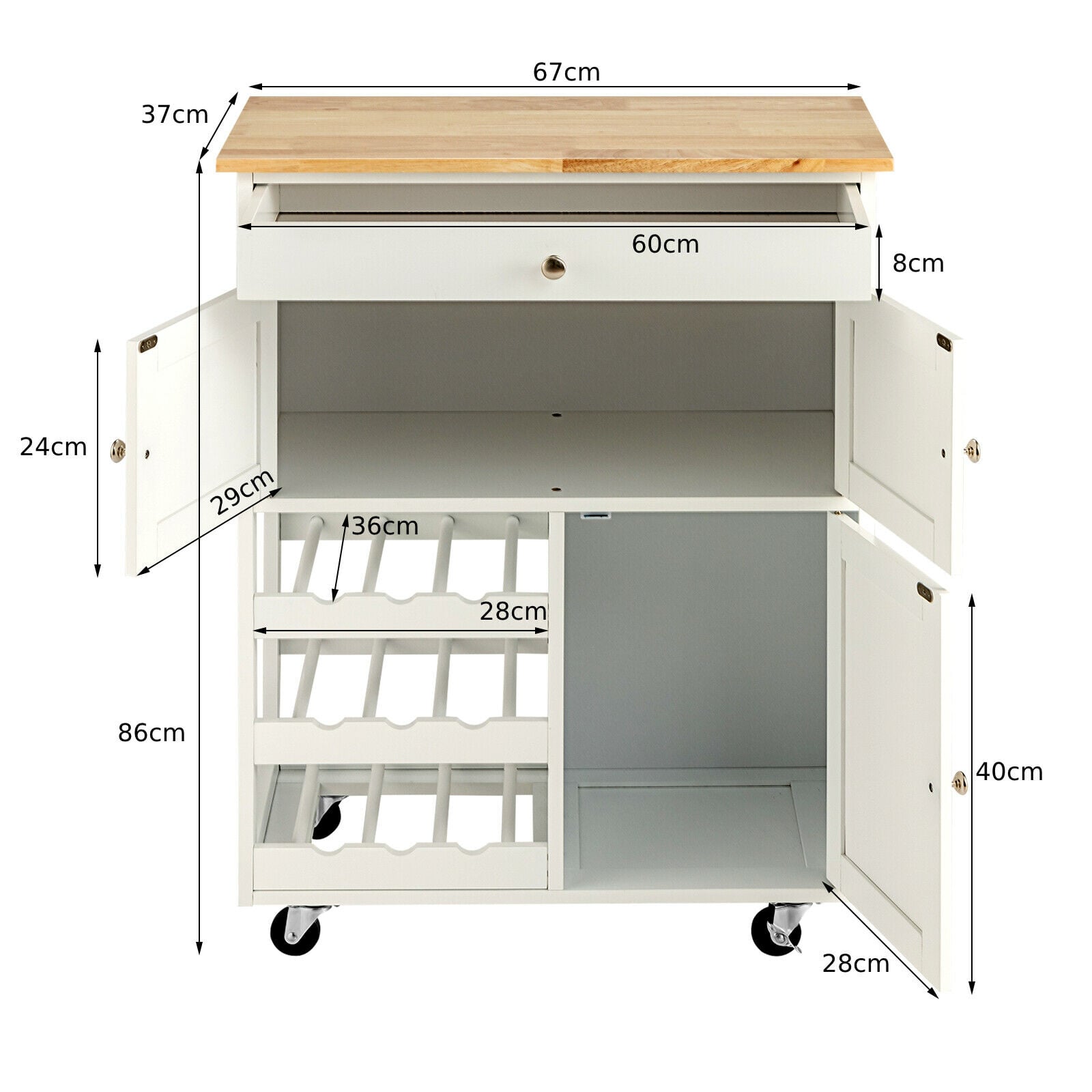Rolling Kitchen Cart with 3 Tier Wine Racks and Cupboards-White