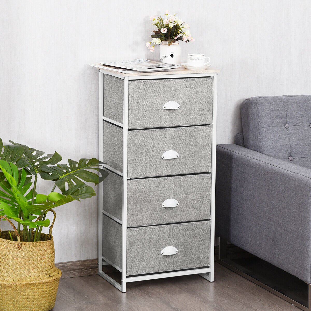 3/4 Fabric Nightstand Bedside Storage Cabinet Folding Drawers-4-Tier