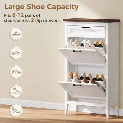HOMCOM Shoe Cabinet with 2 Flip Drawers, Farmhouse Narrow Shoe Storage Cabinet with Adjustable Shelves, White