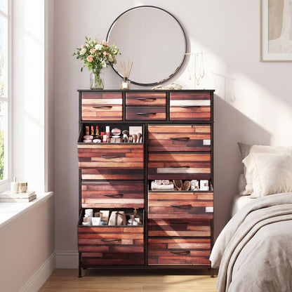 14-Drawer Dresser Tall Storage Chest with Metal Frame-Brown