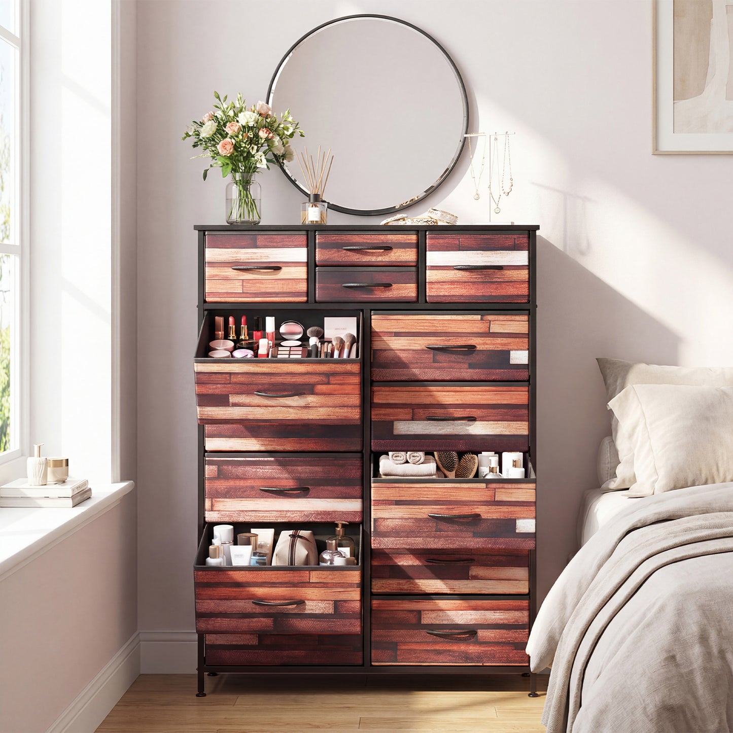 14-Drawer Dresser Tall Storage Chest with Metal Frame-Brown