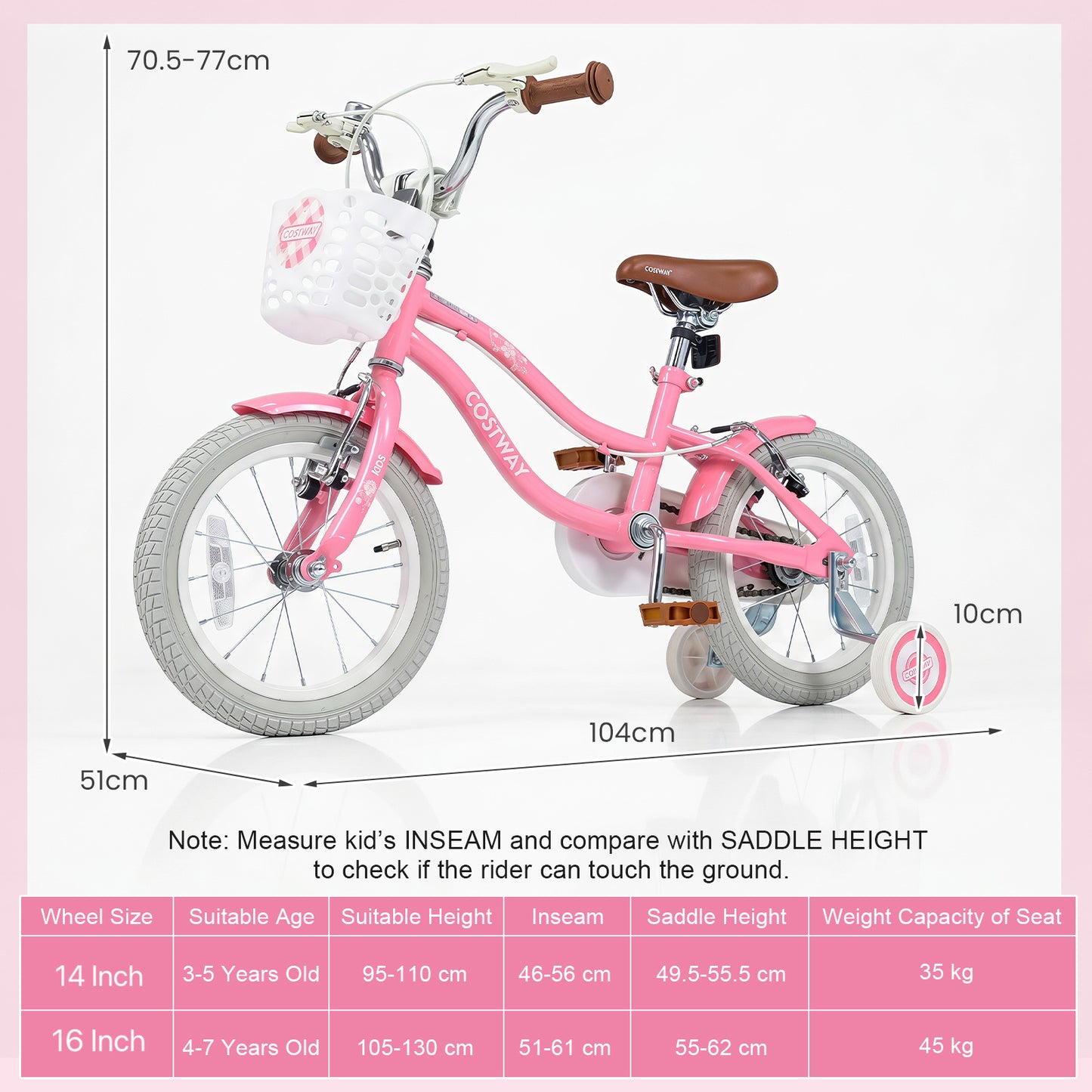 14 Inch Girls Bike with Basket for 3-5 Years Retro Series Peach Pink