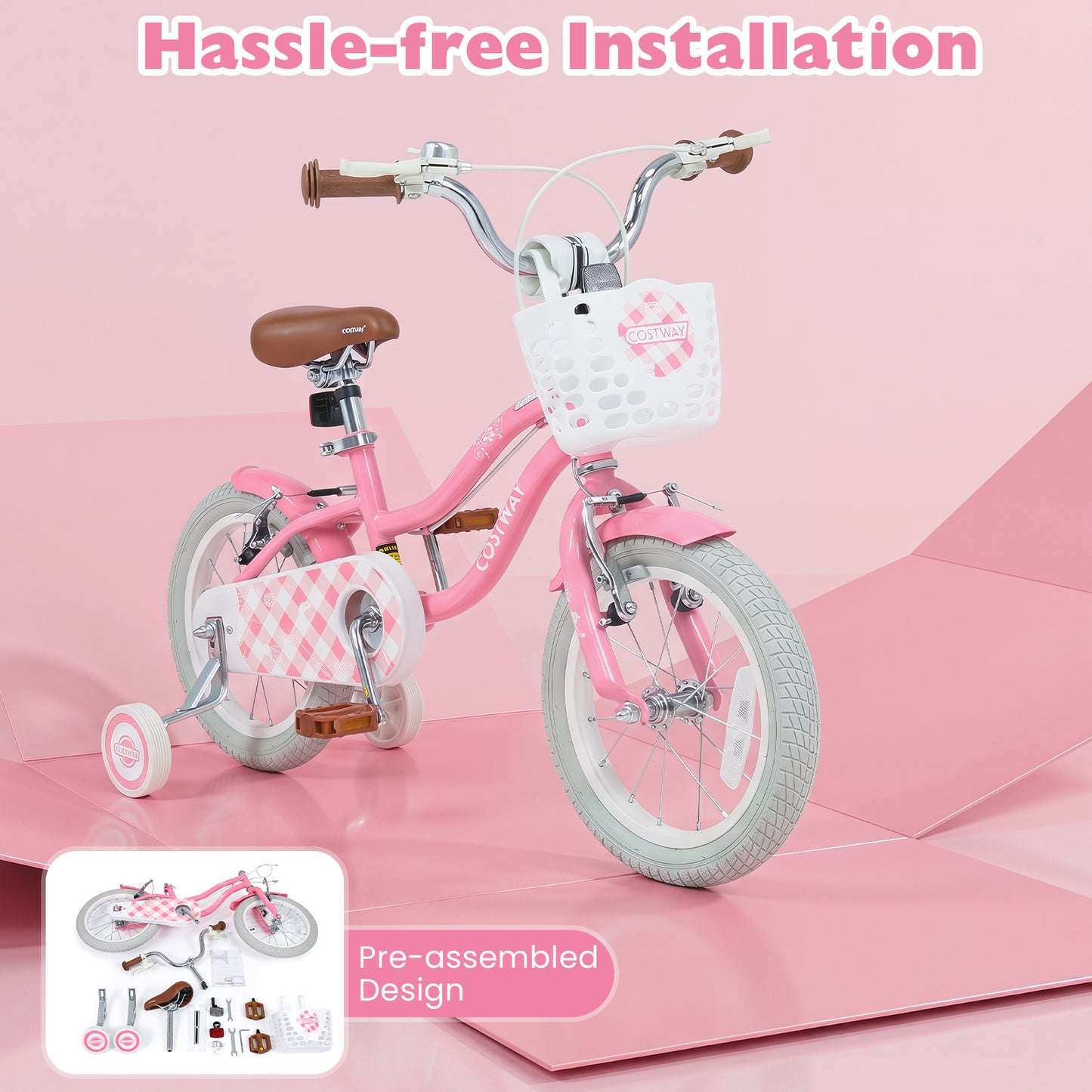 14 Inch Girls Bike with Basket for 3-5 Years Retro Series Peach Pink