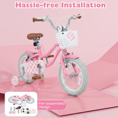 14 Inch Girls Bike with Basket for 3-5 Years Retro Series Peach Pink