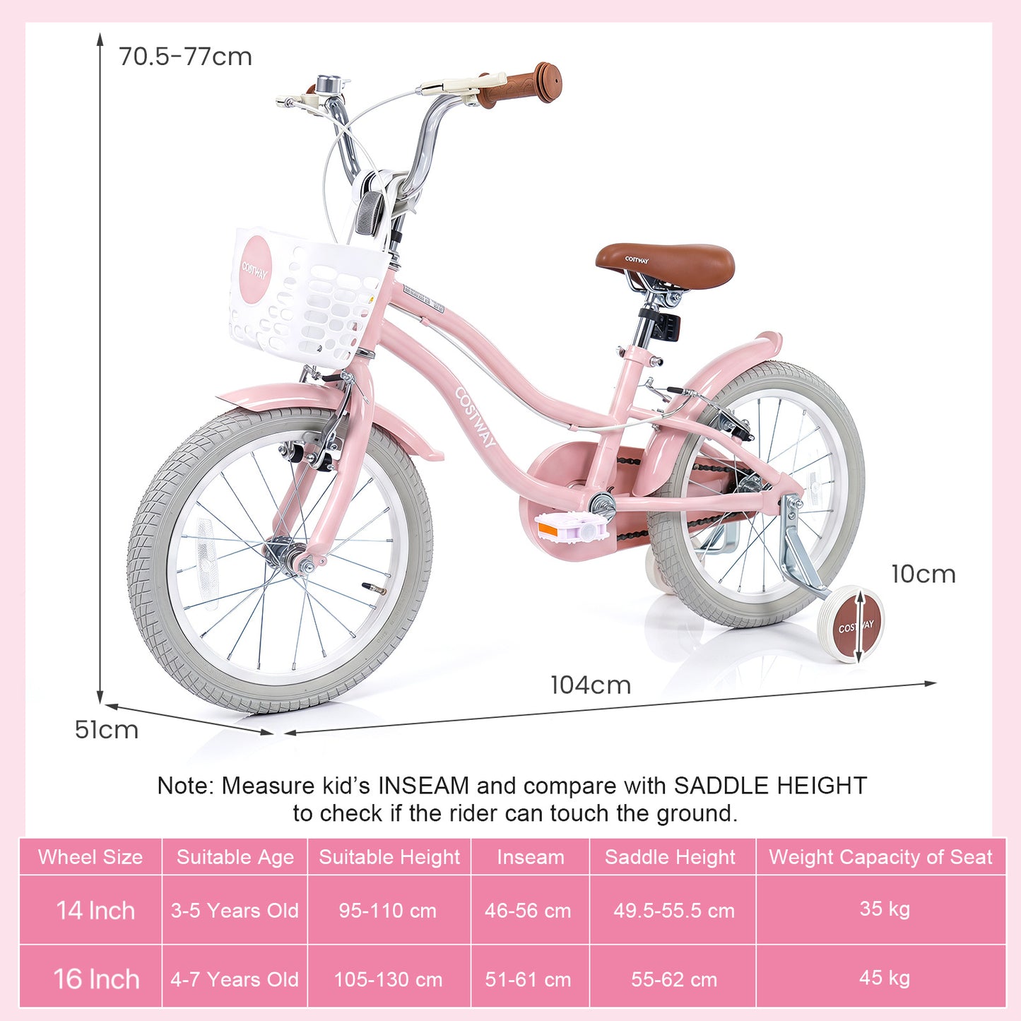 14 Inch Girls Bike with Basket for 3-5 Years Retro Series Sakura Pink