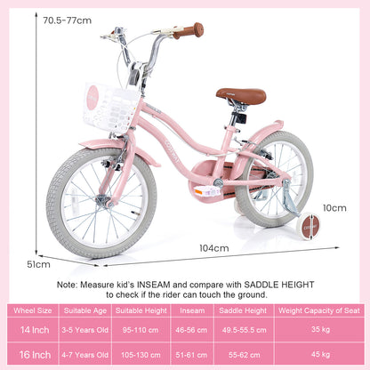 14 Inch Girls Bike with Basket for 3-5 Years Retro Series Sakura Pink