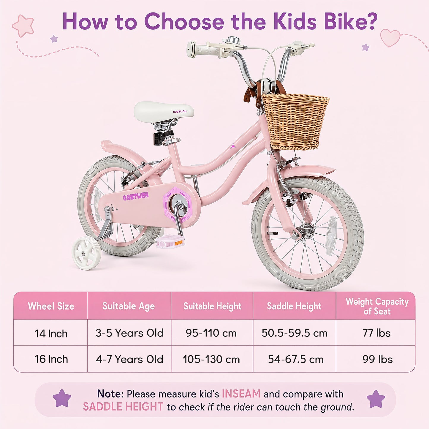 14 Inch Girls Bike with Woven Basket for 3-5 Years Cottage Series Sakura Pink