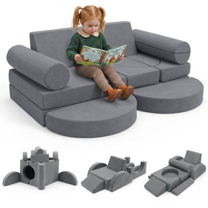 14-Piece Modular Kids Play Couch with Removable Cover-Grey